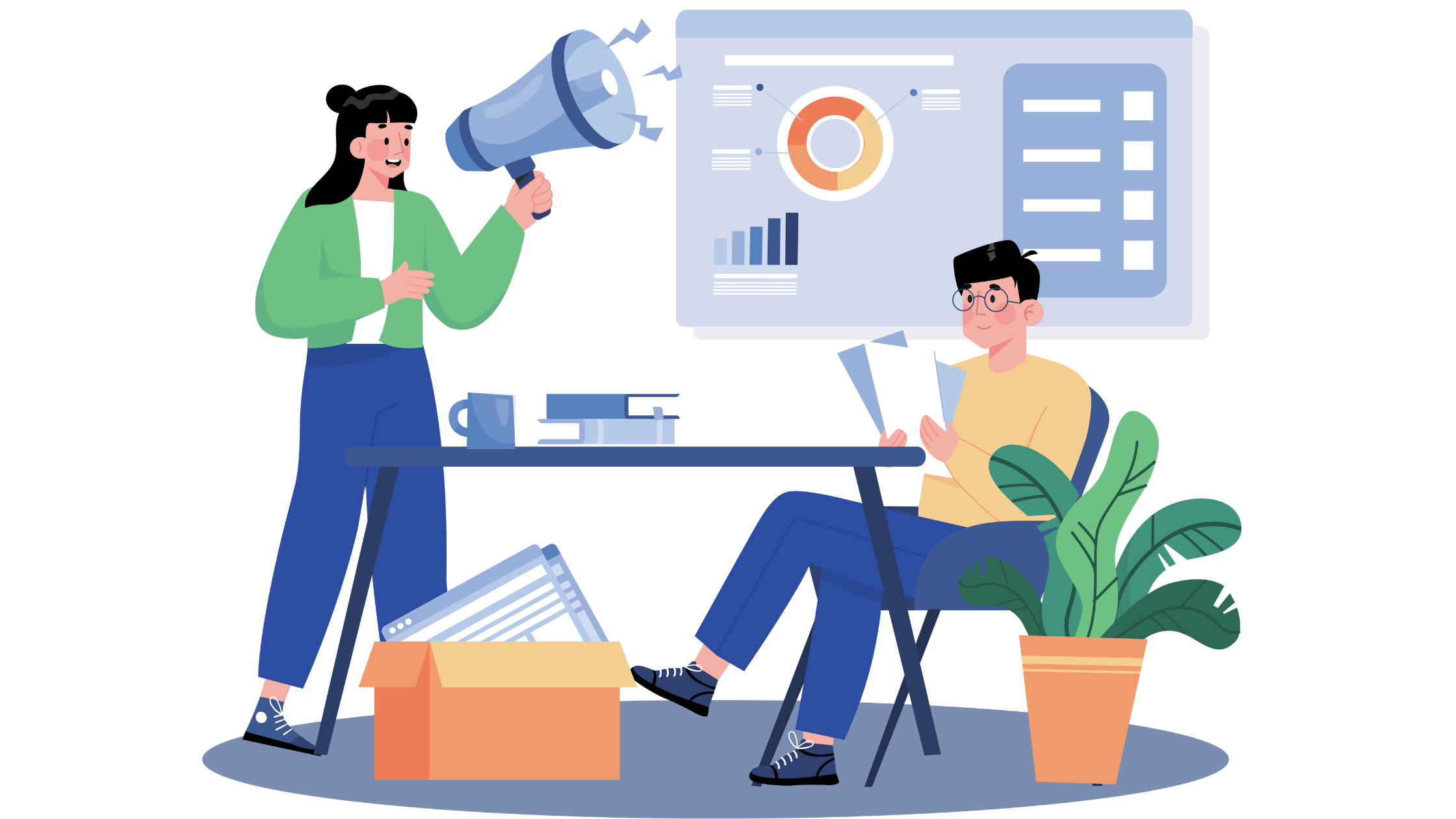 Illustration of a digital marketing specialist presenting data insights while discussing marketing strategies in an office setting.