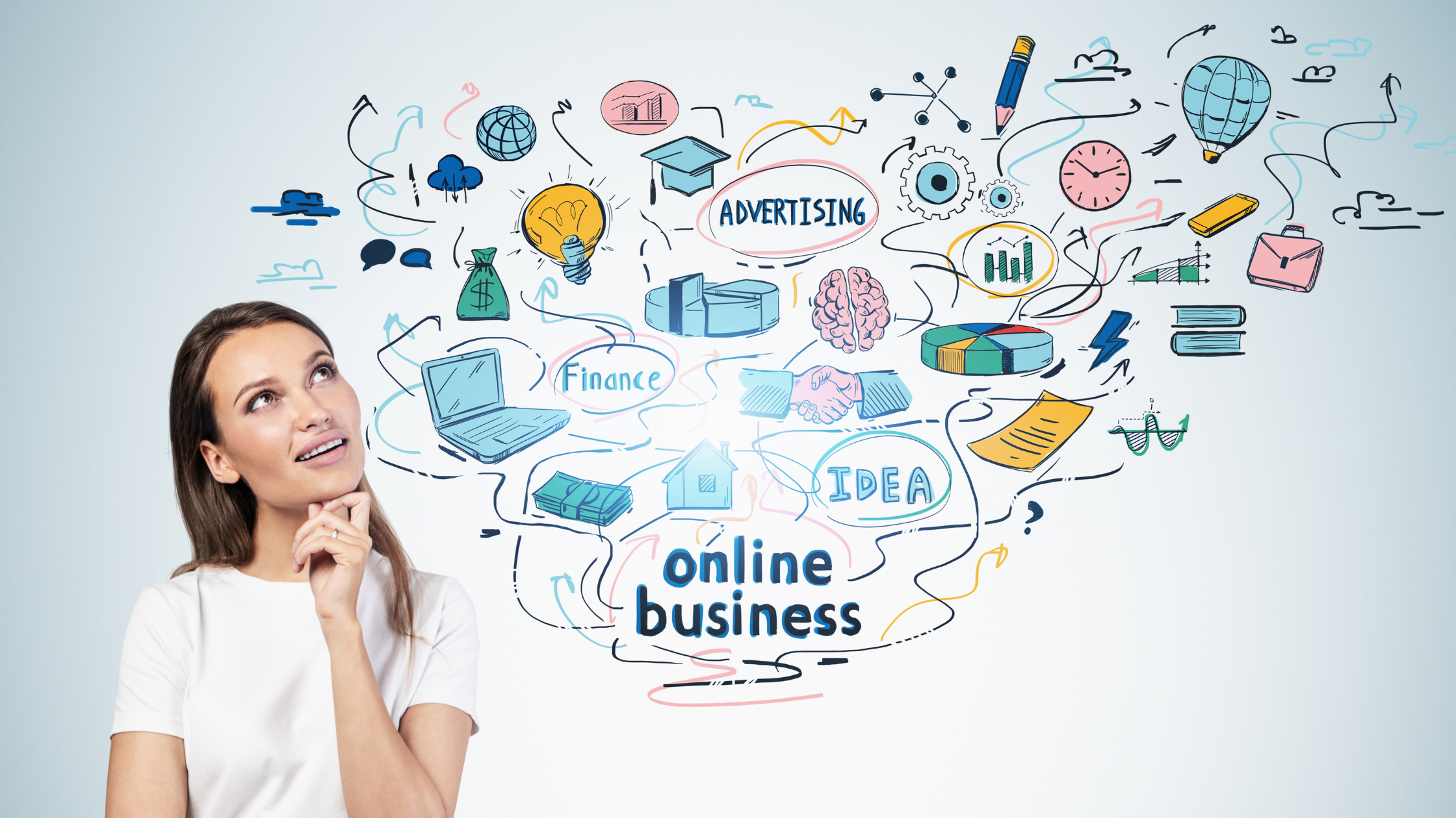 Smiling woman thinking about online business ideas, surrounded by doodles of advertising, finance, and marketing concepts.