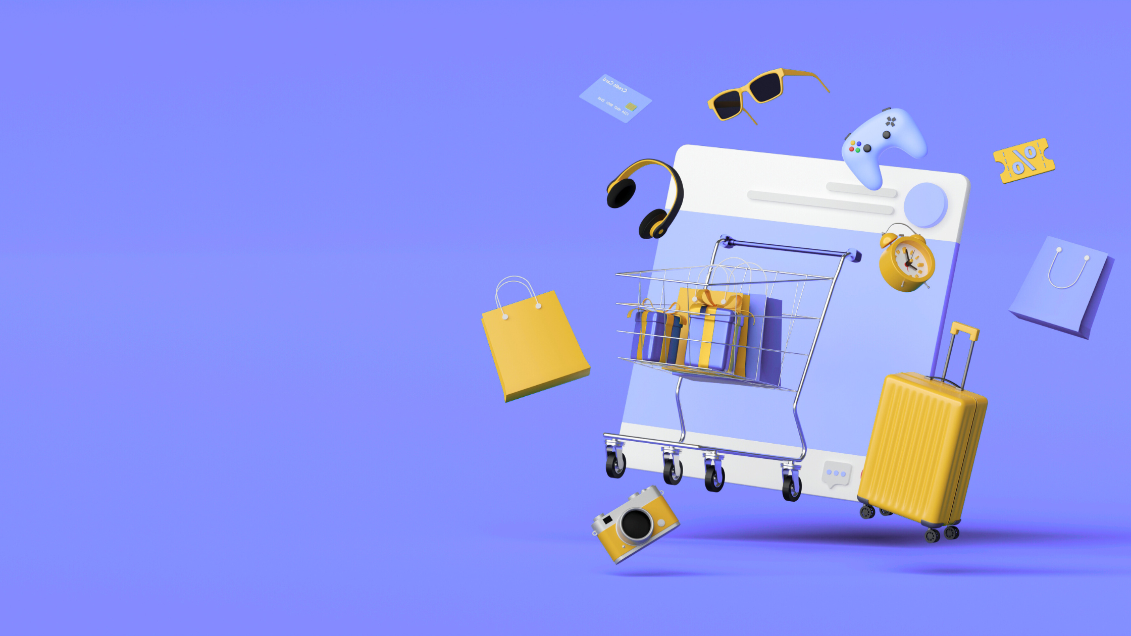 A 3D illustration of an ecommerce shopping cart with digital elements, symbolizing Digital Display Advertising for online stores.