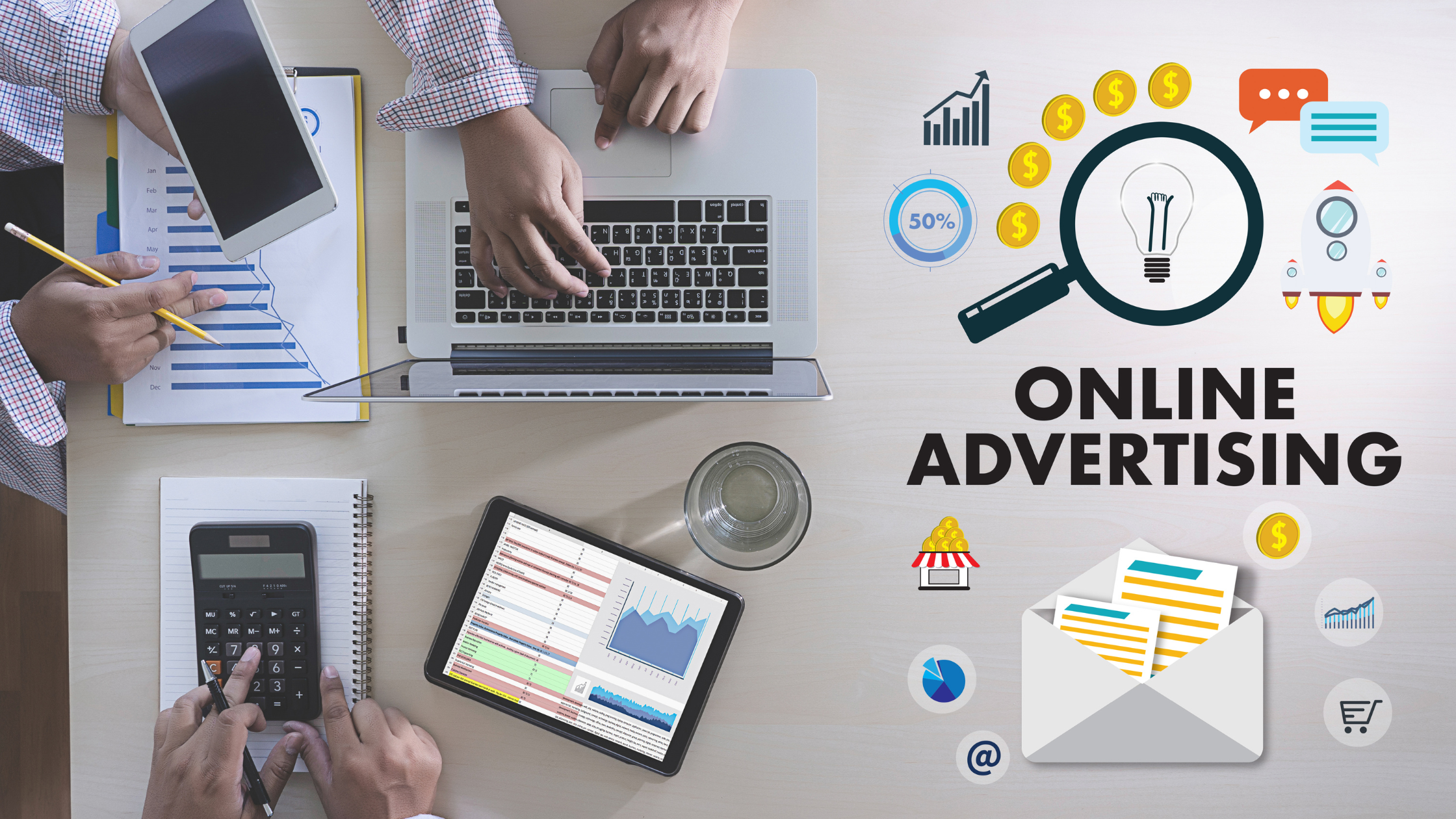 A team analyzing digital marketing data with graphs and charts, highlighting Internet Advertising techniques for business growth and ROI optimization.